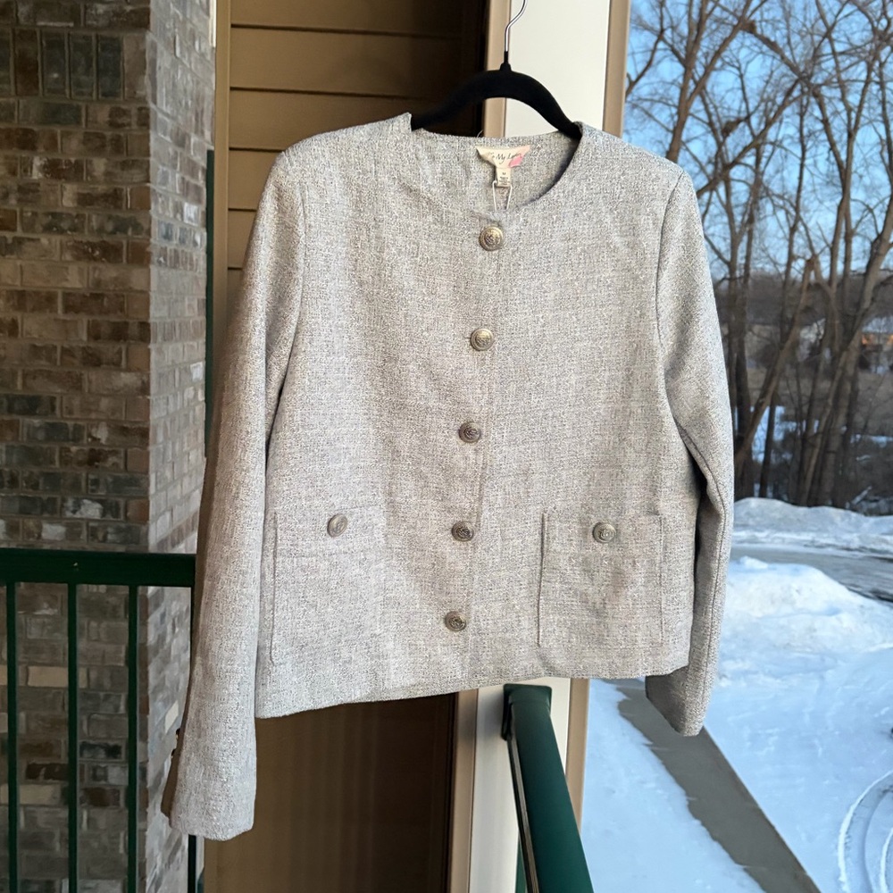 🆕 To My Lovers Gray Tweed Cropped Jacket Blazer Gold Crest Buttons Lined Size M - Picture 3 of 17